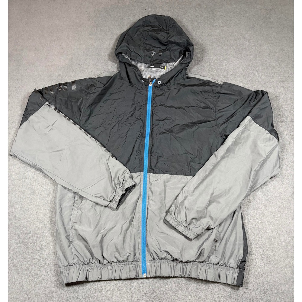 Under Armour Windbreaker Mens Size Medium Gray Black Hooded Full Zip Jacket